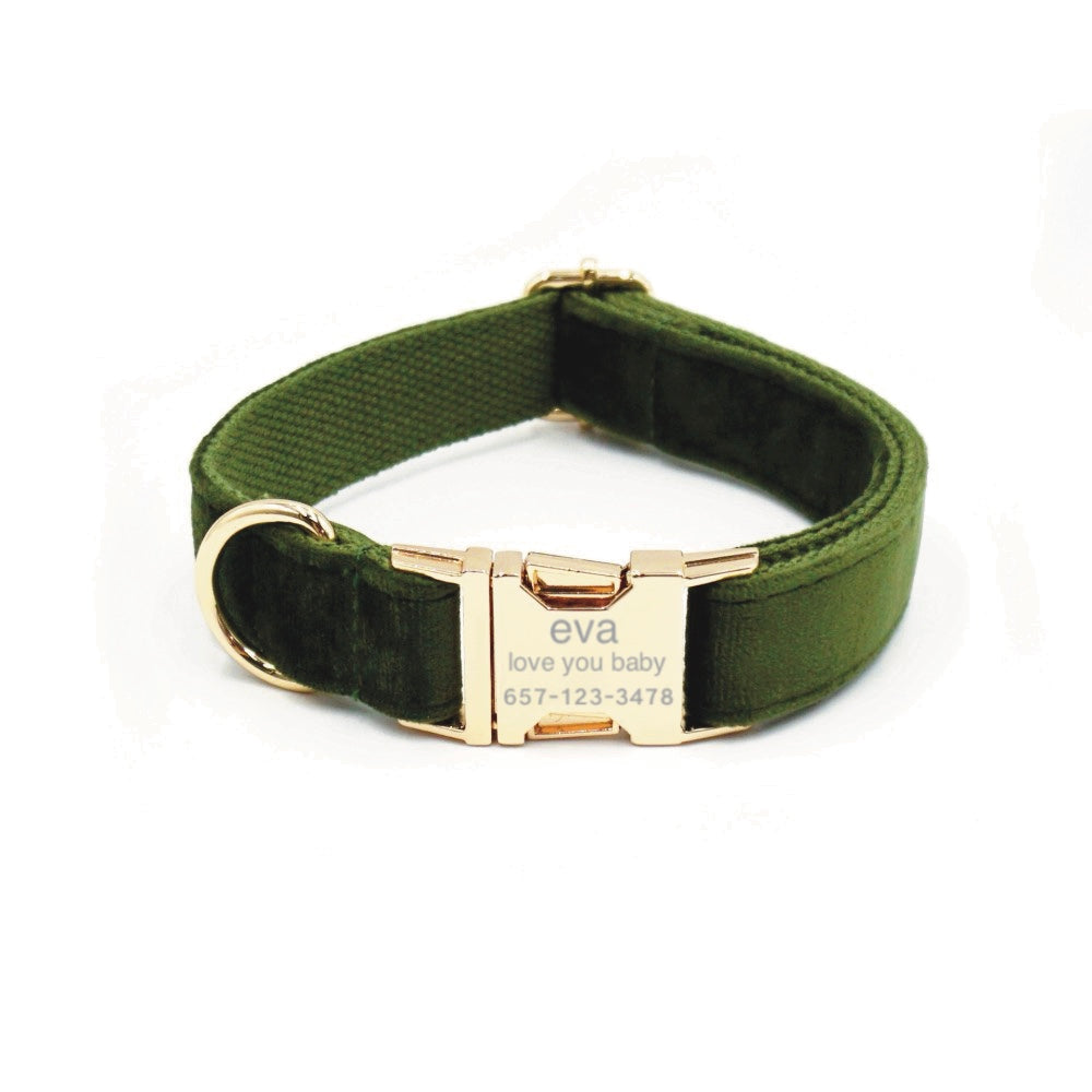 Custom Dog Collar With Leash Bow Tie Engraved Army Green Velvet