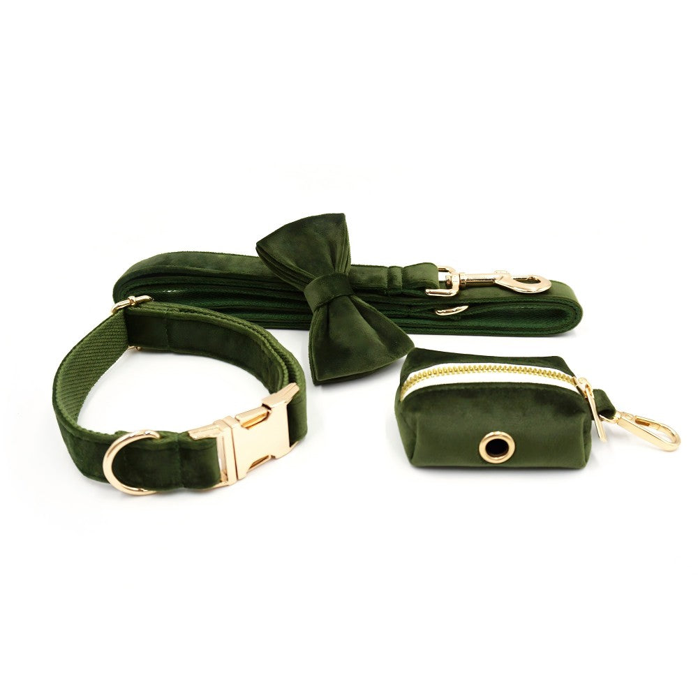 Custom Dog Collar With Leash Bow Tie Engraved Army Green Velvet