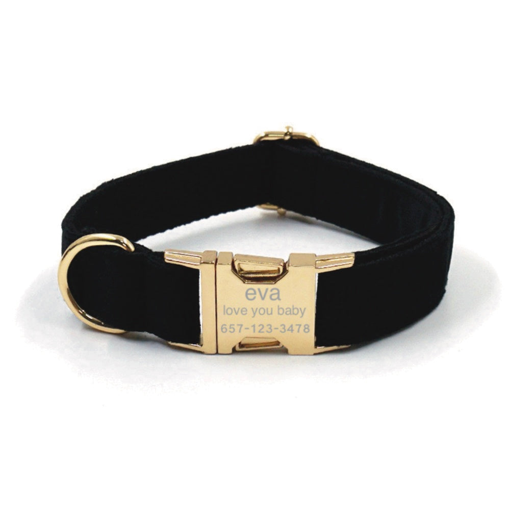 Custom Dog Collar With Leash Bow Tie Engraved Black Velvet