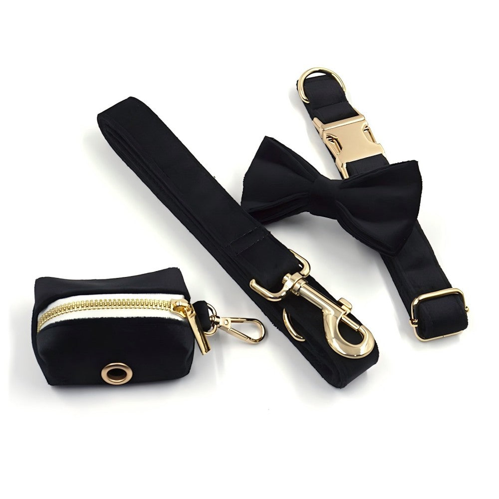 Custom Dog Collar With Leash Bow Tie Engraved Black Velvet