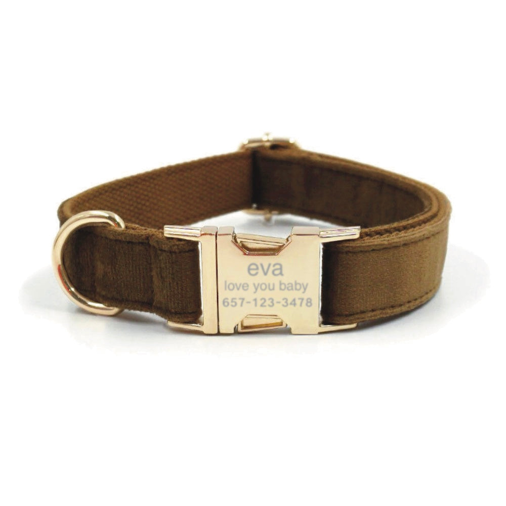 Personalized Dog Collar With Leash Bow Tie Engraved Brown Velvet