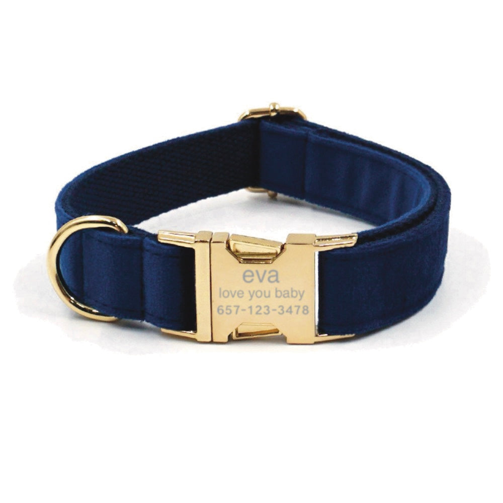 Custom Engraved Dog Collar With Leash Bow Tie Royal Blue Velvet