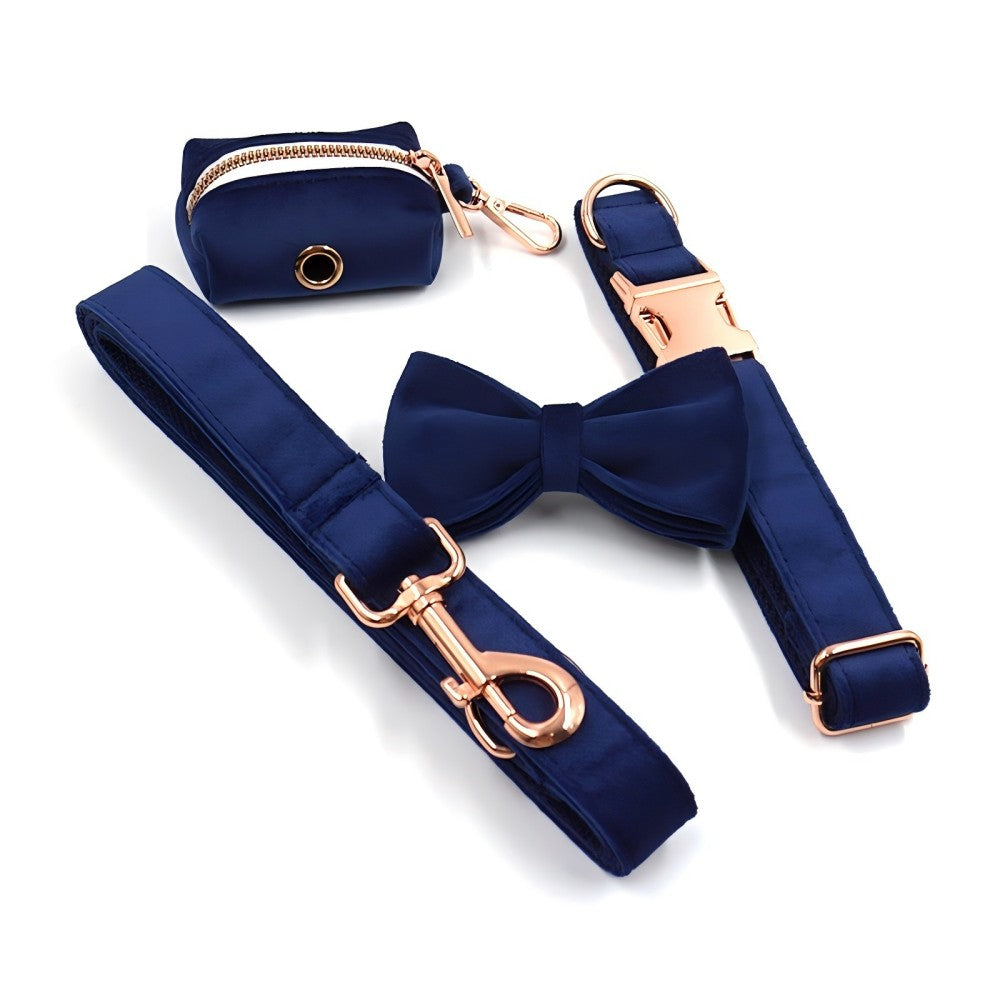 Custom Engraved Dog Collar With Leash Bow Tie Royal Blue Velvet