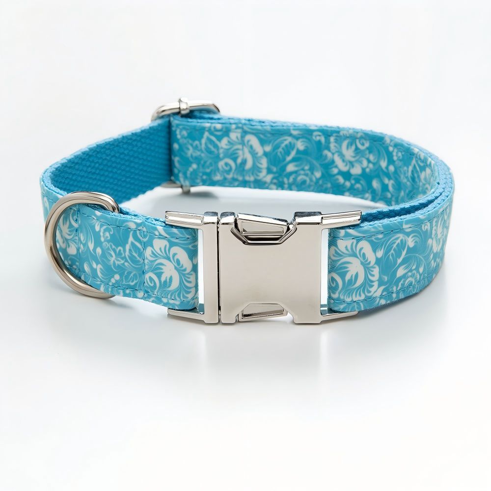 Custom Dog collars with print Engraved Metal Buckle Blue