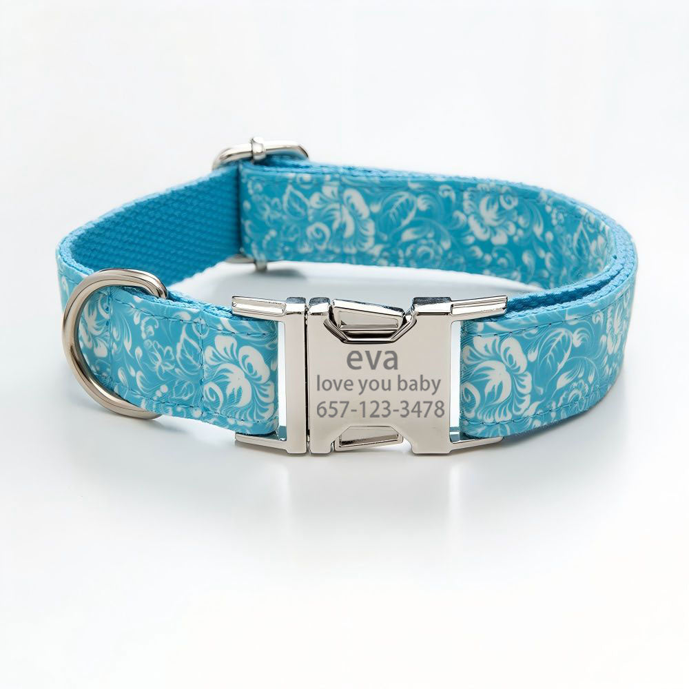 Custom Dog collars with print Engraved Metal Buckle Blue