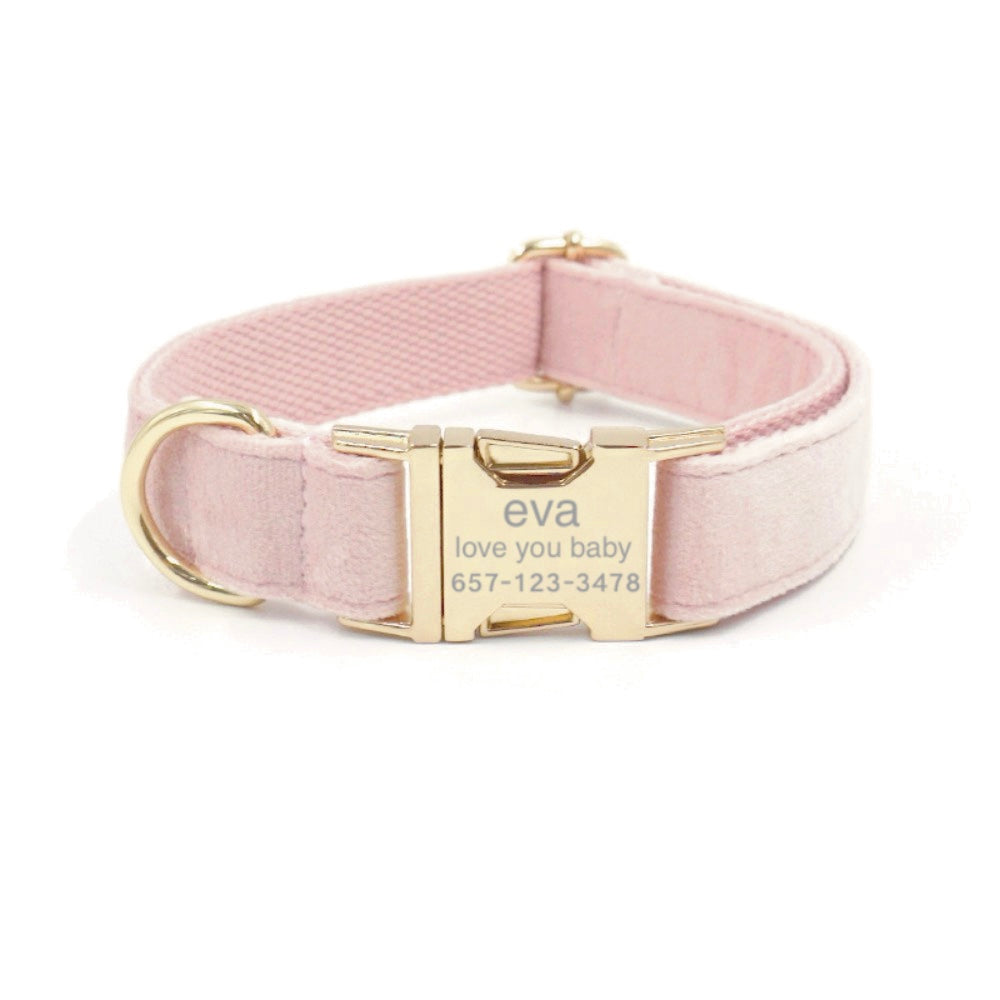 Personalized Dog Collar With Leash Bow Tie Engraved Pink Velvet