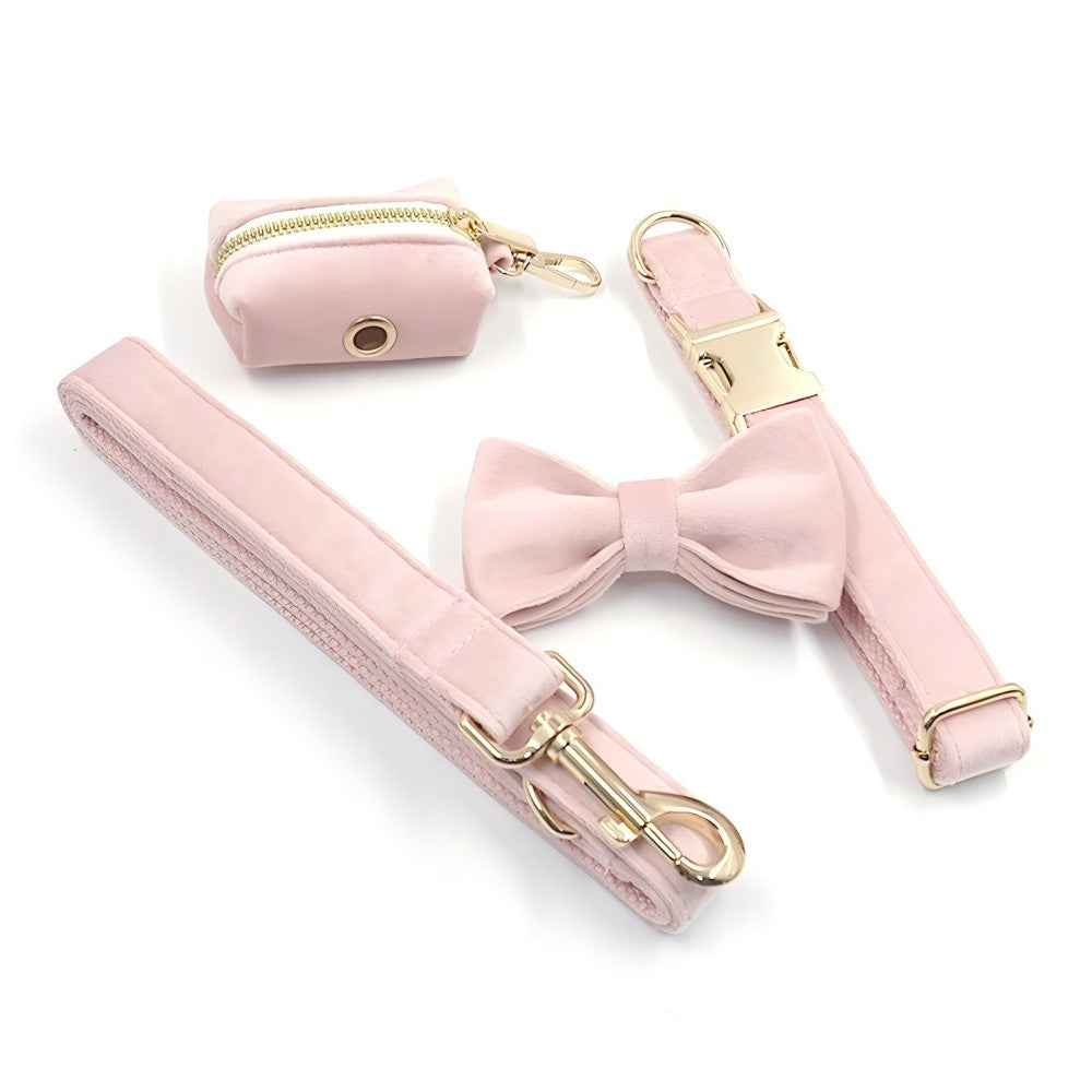 Personalized Dog Collar With Leash Bow Tie Engraved Pink Velvet