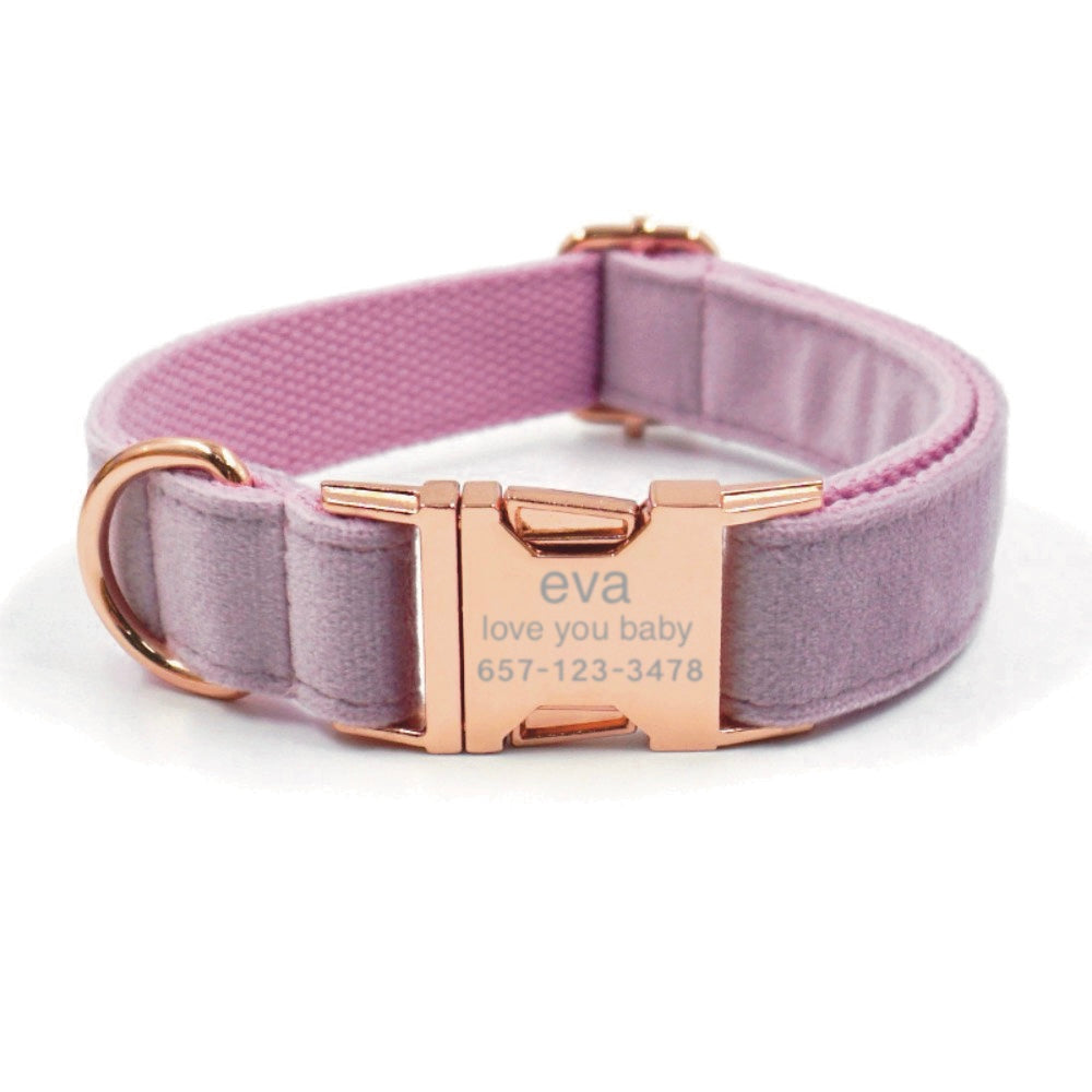 Personalized Dog Collar Engraved Rose Gold Metal Buckle  Lavender Blush Velvet