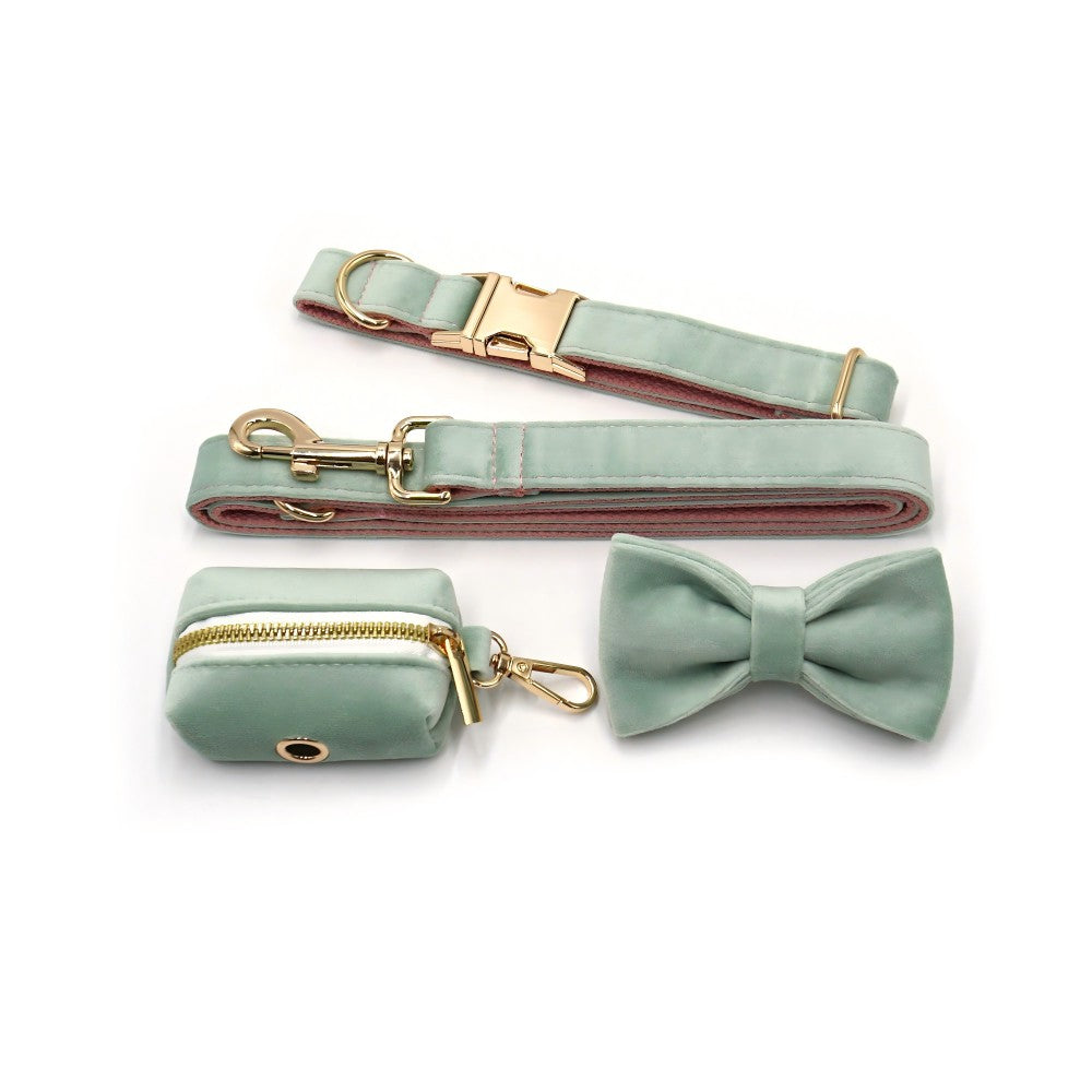 Custom Dog Collar With Leash Bow Tie Engraved Mint Green Velvet