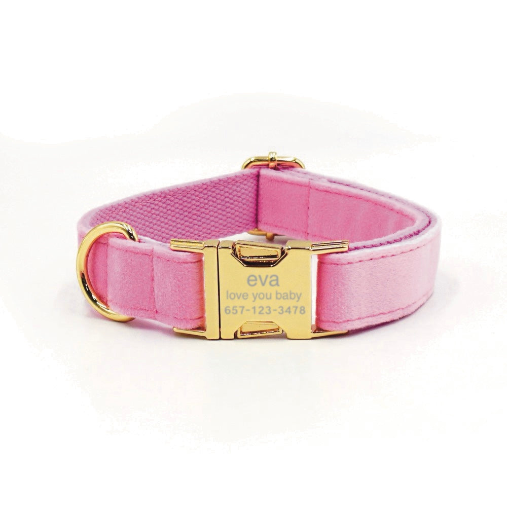 Personalized Dog Collar With Leash Bow Tie Engraved Petal Pink Velvet