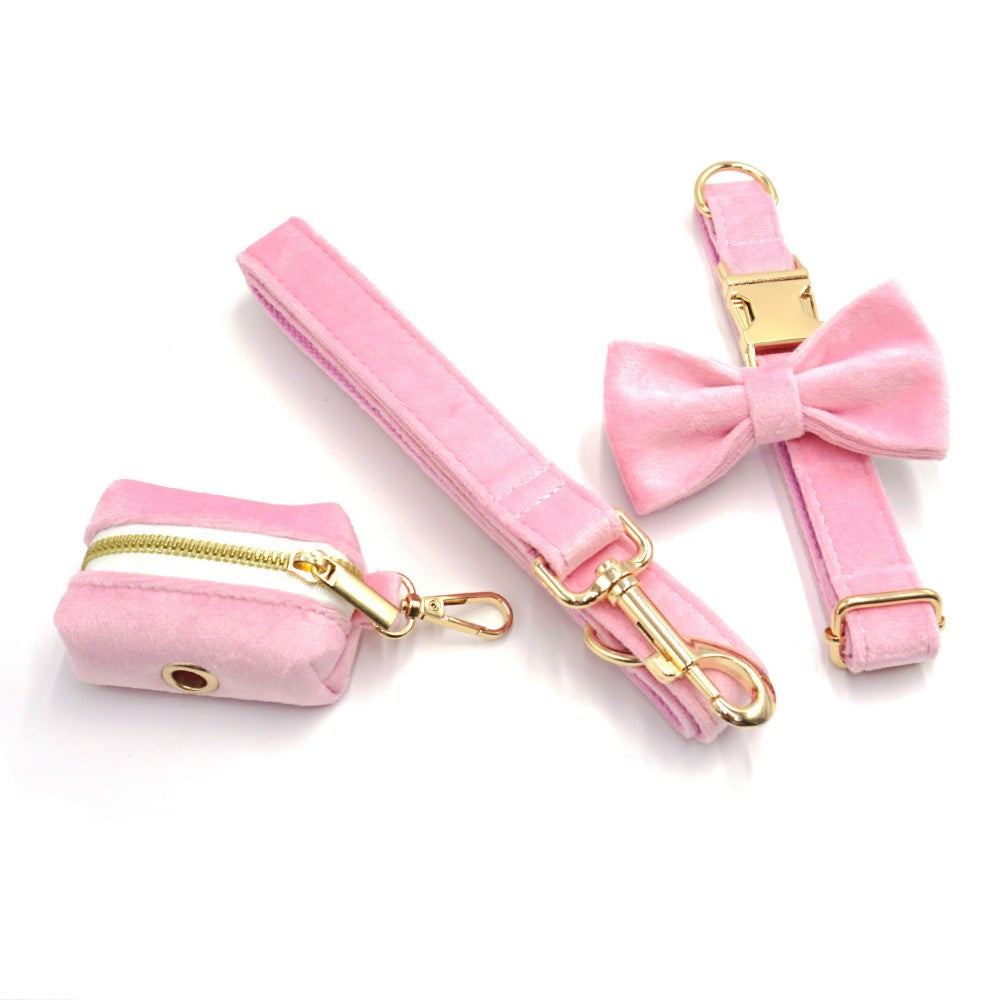 Personalized Dog Collar With Leash Bow Tie Engraved Petal Pink Velvet