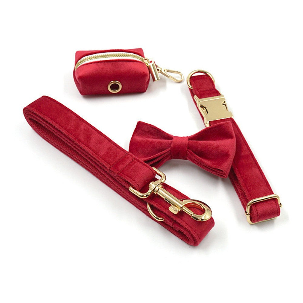 Custom Dog Collar With Leash Bow Tie Engraved Red Velvet