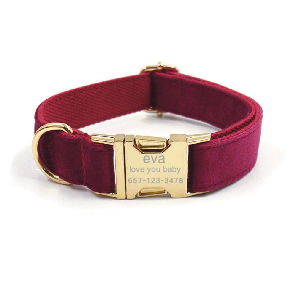 Custom Dog Collar With Leash Bow Tie Engraved Maroon Velvet