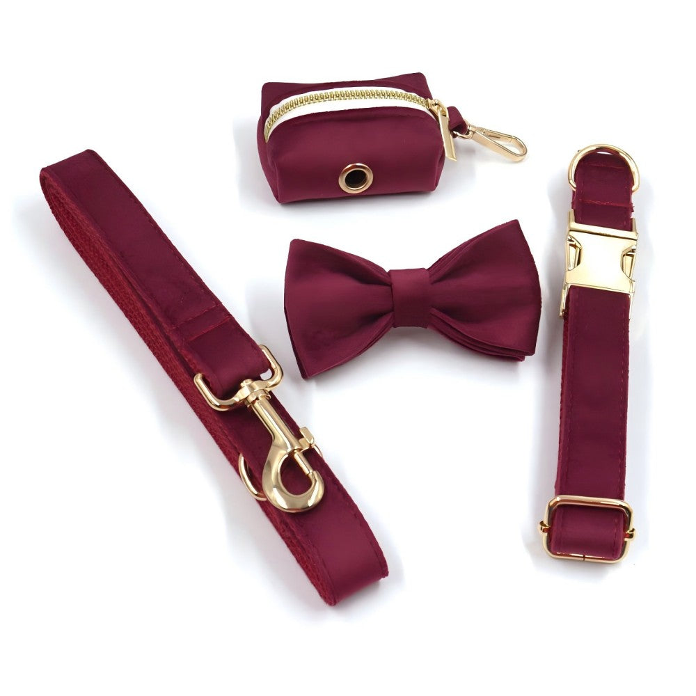 Custom Dog Collar With Leash Bow Tie Engraved Maroon Velvet